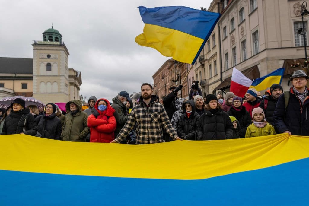 Protesters gather in a protest for peace in Poland.