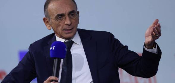 Eric Zemmour, a presidential candidate in France, speaks to a crowd during a "grand oral" presentation