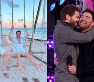 Side by side images of Jaymes Vaughan and Jonathan Bennett swinging on the beach and embracing on stage