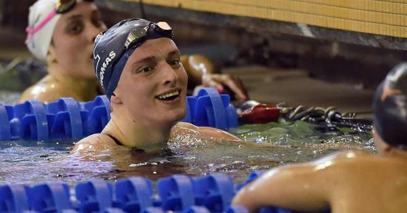 Lia Thomas looks on after winning the 500 Yard Freestyle during the 2022 NCAA Division I Women's Swimming and Diving Championship