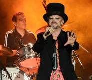 Drummer Jon Moss and on stage with Boy George at a Culture Club show