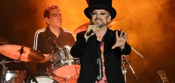 Drummer Jon Moss and on stage with Boy George at a Culture Club show