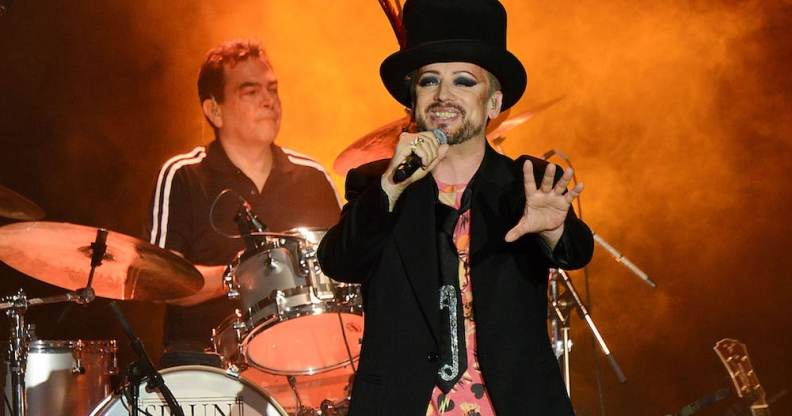 Drummer Jon Moss and on stage with Boy George at a Culture Club show