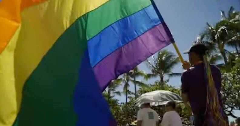 A person holds an LGBT+ flag as they participate in a march celebrating Honolulu Pride Month in Hawaii