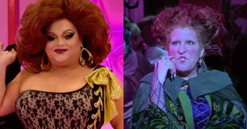 Side by side pictures of Drag Race star Ginger Minj and Bette Midler's character from the Disney film Hocus Pocus