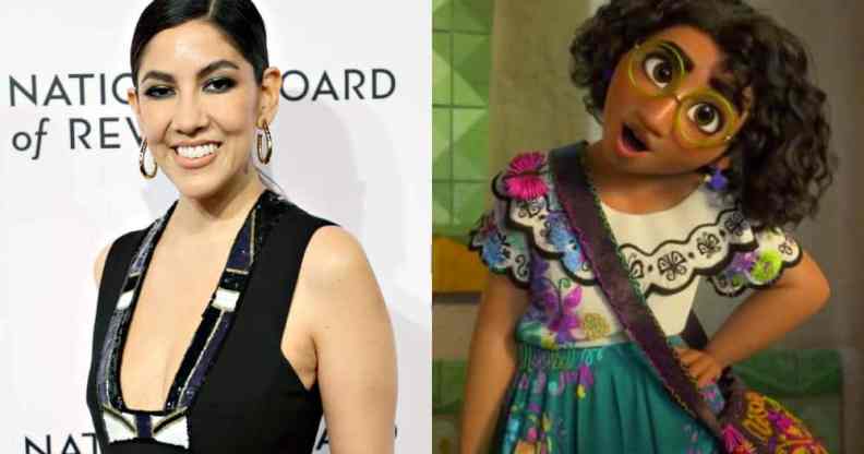 Side by side images of actor Stephanie Beatriz and her character Mirabel Madrigal from Disney's Encato