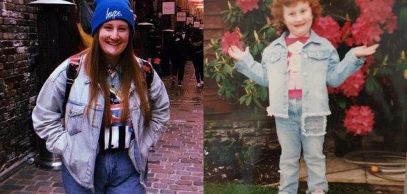 Side-by-side shot of Sophie Perry, present day, and herself as a child