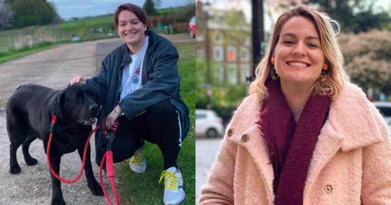 Side by side pictures of Tea Kane next to a dog with a lead and also a photo of them wearing a pink jacket with a red scarf