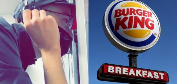 Side by side shots of a man at a Burger King drive-through and a Burger King sign