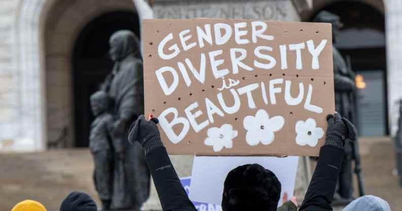 A protester holding a sign reading "gender diversity is beautiful