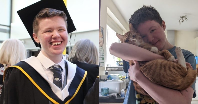 A side-by-side photos of Callum Kenney during his graduation and holding a cat