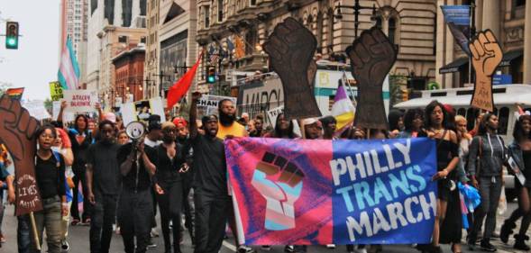 Trans people and allies rally in Philadelphia, Pennsylvania in 2018 before marching to demand basic human and civil rights