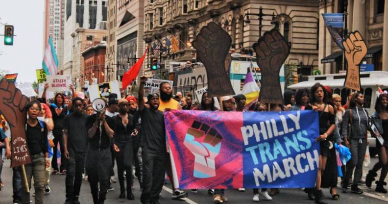 Trans people and allies rally in Philadelphia, Pennsylvania in 2018 before marching to demand basic human and civil rights