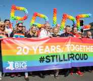 The head of the Pride Cymru parade including First Minister for Wales Mark Drakeford, Christina Rees MP and Stephen Doughty MP.