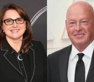 Side by side images of Marvel Studios' Victoria Alonso and Disney CEO Bob Chapek