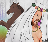 Illustration of Thor wearing a veil, and a horse