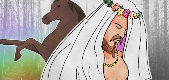 Illustration of Thor wearing a veil, and a horse