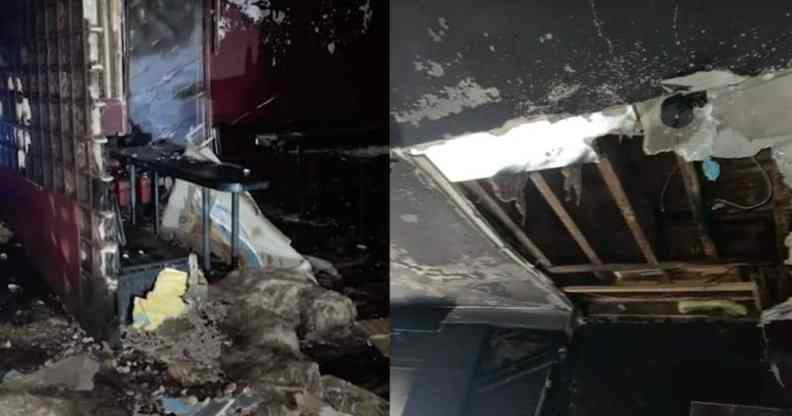 side by side pictures of the fire damage to Rash a queer bar in Brooklyn New York