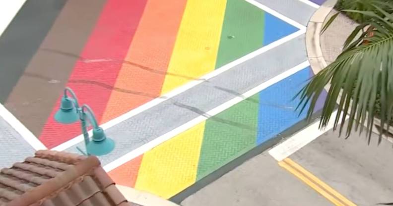 A picture of a rainbow-coloured Pride street design in Florida that was vandalised after Alexander Jerich burned tire marks into it. He has now been told by the court to write an essay about the Pulse nightclub shooting as a result of the vandalism