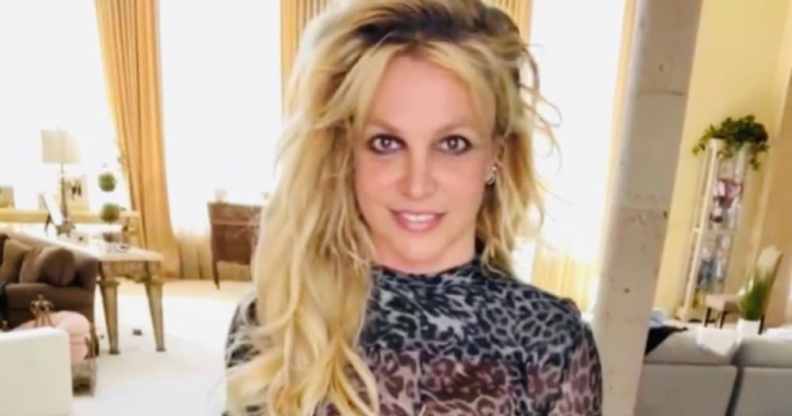 Britney Spears poses in a metallic dress