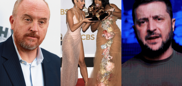 Three photos: Louis CK in a suit and no tie, Doja Cat and SZA in gowns holding their Grammys, and Zelensky in a grey t-shirt