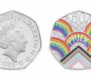 A picture of a 50p coin with one side depicting Queen Elizabeth II and the other side has an LGBTQ+ motif filled with rainbows