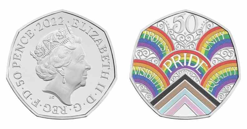 A picture of a 50p coin with one side depicting Queen Elizabeth II and the other side has an LGBTQ+ motif filled with rainbows