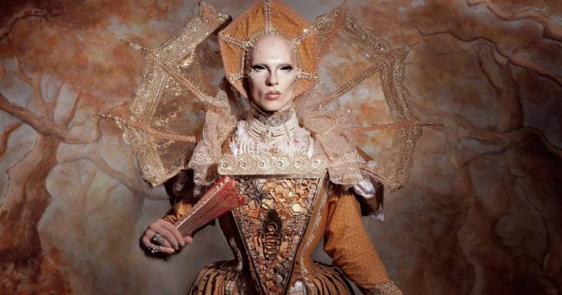 Cheddar Gorgeous, a drag artist, is dressed in a gold elizabethan gown with a matching headdress and hand fan