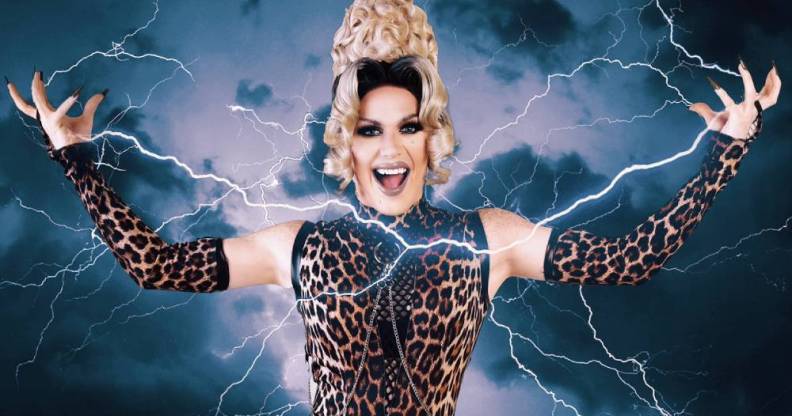 Drag Race Uk star Elektra Fence wears animal print outfit with matching gloves as photoshopped lightning dances around her