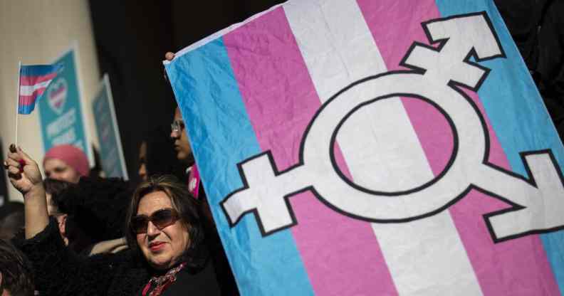 Activists hold a trans Pride flag