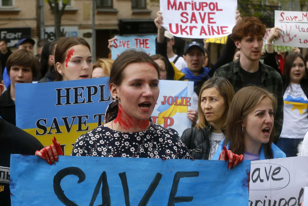 Relatives and friends of defenders of Mariupol attend a rally demanding Ukrainian and international leaders to call on world leaders to help organize a humanitarian corridor for the evacuation of soldiers and civilians from Mariupol