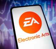 The logo for gaming company EA on a smartphone