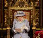 Queen Elizabeth II delivers the Queen's Speech in the House of Lord's Chamber during the State Opening of Parliament at the House of Lords in 202