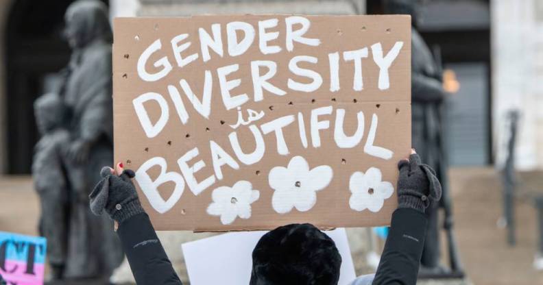 A person holds up a sign that reads "Gender Diversity is Beautiful" during a rally supporting trans youth