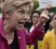 Senator Elizabeth Warren speaks to protesters outside the US Supreme Court