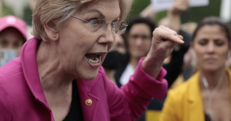 Senator Elizabeth Warren speaks to protesters outside the US Supreme Court