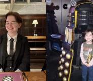 On the left: Mara Harris sits opposite a table. On the right: A young Mara Harris in a Darlek