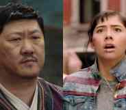 Side by side stills of Marvel characters Wong (Benedict Wong) and America Chavez (Xochitl Gomez) from the film Doctor Strange in the Multiverse of Madness