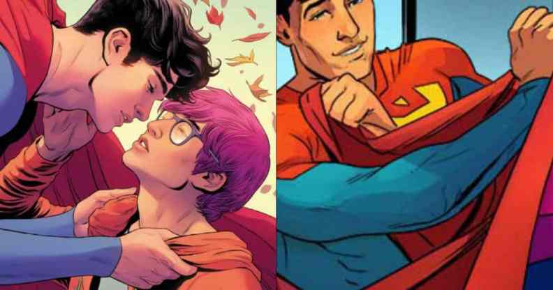 Side by side images of Jon Kent, Superman of Earth, with his boyfriend Jay Nakamura alongside an image of Jon receiving a new cape from Jay