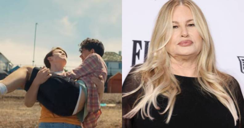 side by side images of Charlie and Nick from Heartstopper and actor Jennifer Coolidge