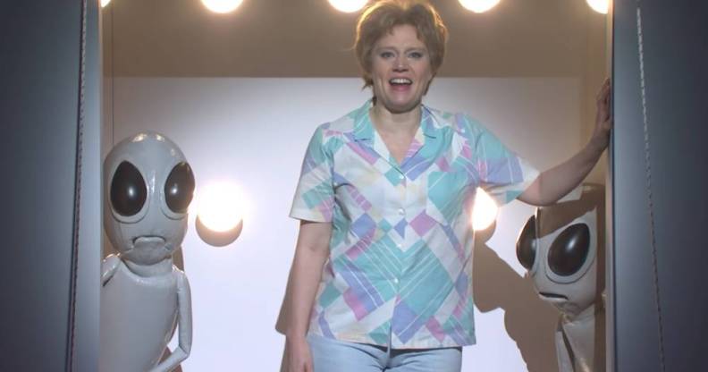 Kate McKinnon's character Colleen Rafferty bids farewell to Earth as she boards an alien spaceship on Saturday Night Live