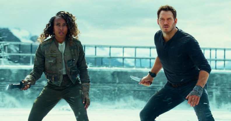 DeWanda Wise and Chris Pratt in Jurassic World: Dominion.