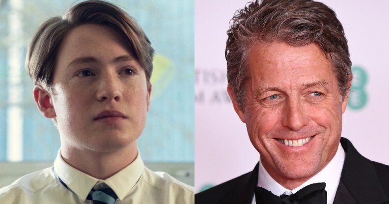 On the left: Kit Connor in Heartstopper. On the right: Hugh Grant on the red carpet.