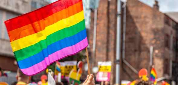 A photo of a Pride parade showing flags with rainbow colours being held