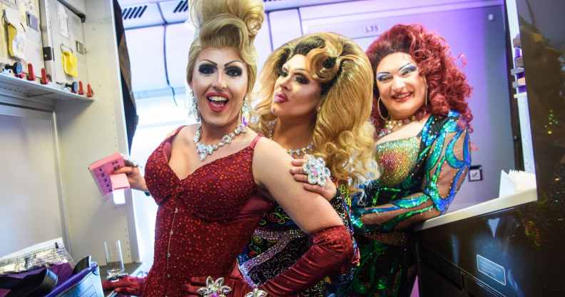 Drag stars Tess Tickle, Emma Royed and Miss Cara on the Virgin Atlantic and Virgin Holidays Pride Flight from London to New York