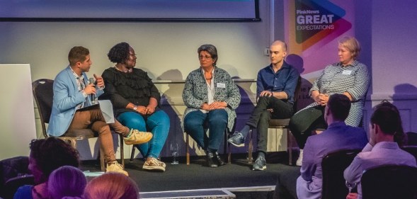 (From L-R) PinkNews CEO Benjamin Cohen, Kaleidoscope Trust executive director Phyllis Opoku-Gyimah, former LGBTQ+ government adviser Jayne Ozanne, LVDNR CEO Christopher El Badaoui, Stonewall CEO Nancy Kelley at the PinkNews Great Expectations event