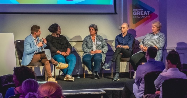 (From L-R) PinkNews CEO Benjamin Cohen, Kaleidoscope Trust executive director Phyllis Opoku-Gyimah, former LGBTQ+ government adviser Jayne Ozanne, LVDNR CEO Christopher El Badaoui, Stonewall CEO Nancy Kelley at the PinkNews Great Expectations event