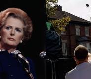 A headshot of Margaret Thatcher and a video of a man lobbing an egg at a statue in her likeness