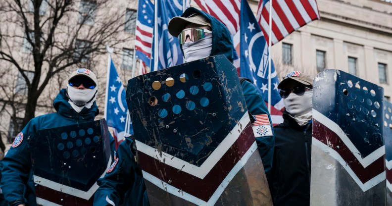 Patriot Front participate in an anti-abortion march in January 2022 in Washington, DC