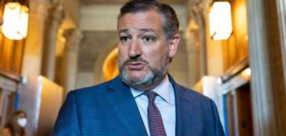 Ted Cruz wears a white button up shirt, red tie and blue suit jacket as he speaks with reporters in the Texas Capitol